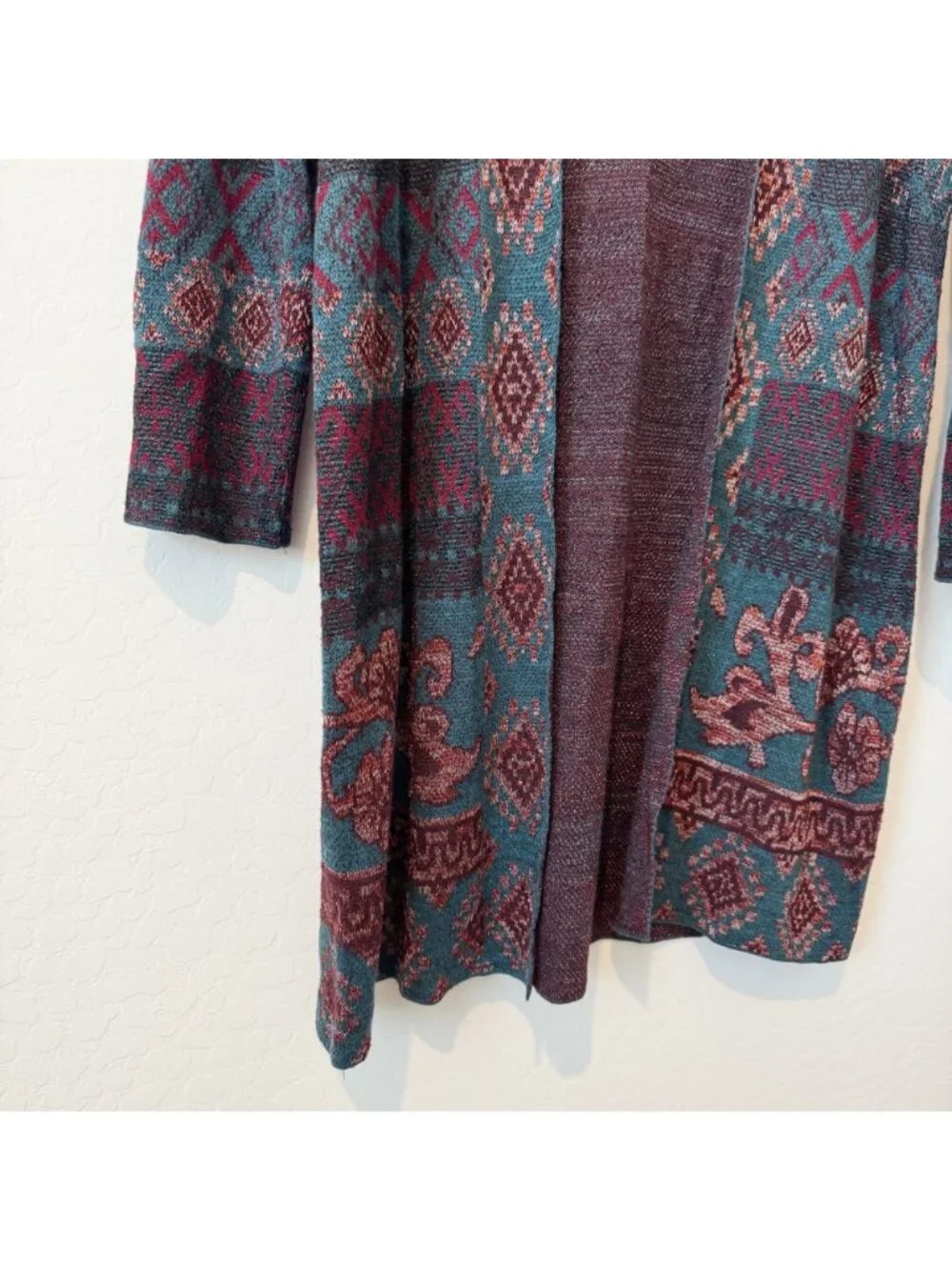 Chico’s Tapestry Jacquard Knit Duster Open‎ Front Cardigan Sweater Boho Medium